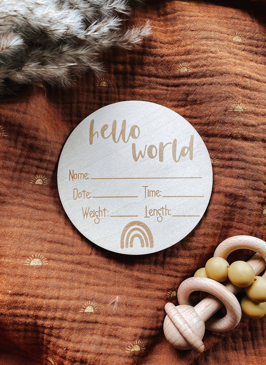 Boho Rainbow Birth Announcement Sign - Hello World Sign