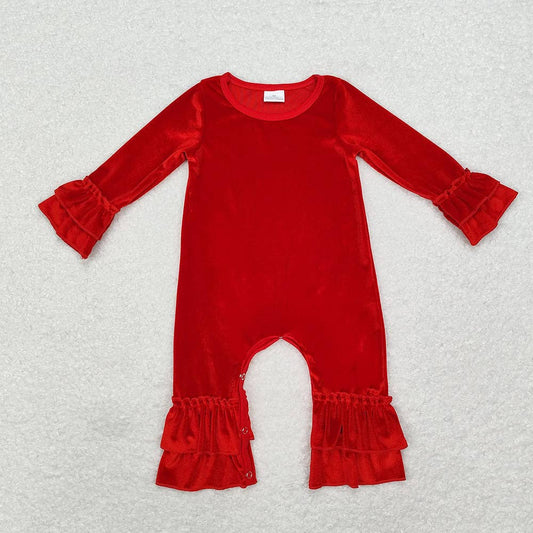 Baby Infant Girls Red Velvet Ruffle Long Sleeve Rompers