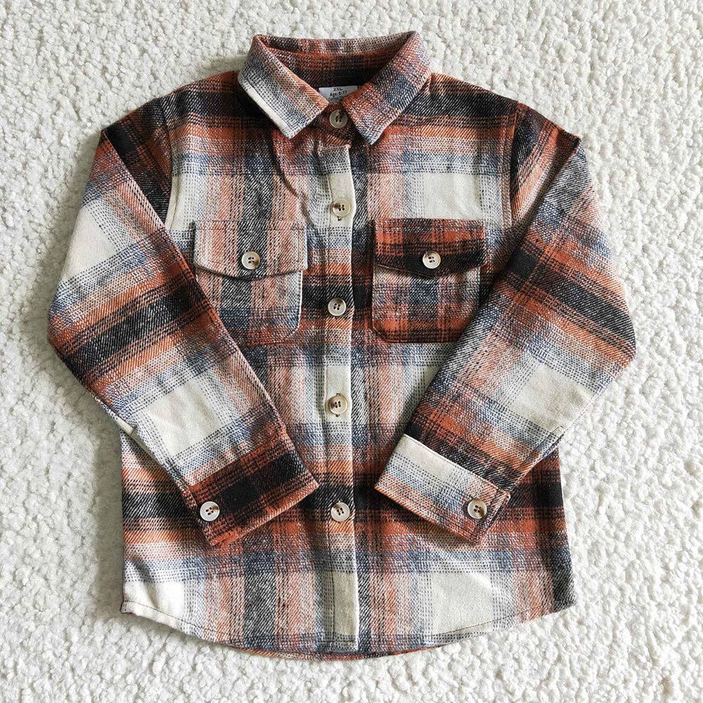 Baby Boys Orange Plaid Long Sleeve button ups Flannel shirts tops