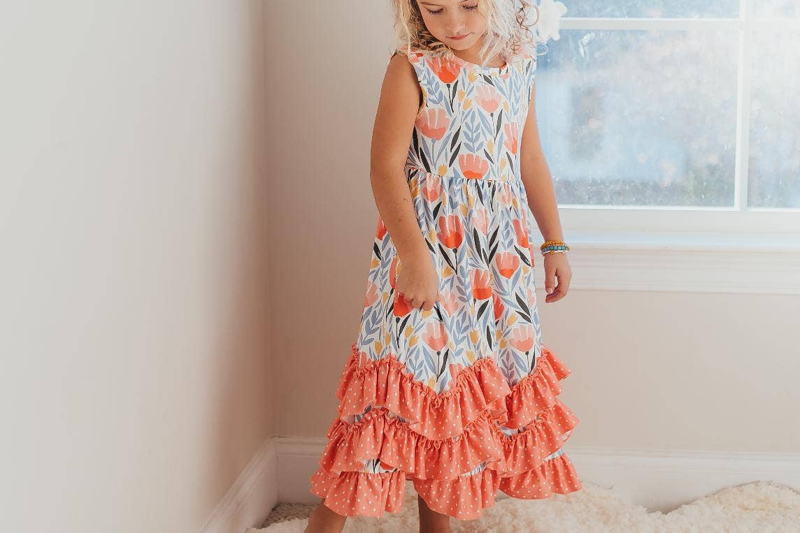 Kids Peach Dot Floral 3 Ruffle Summer Dress