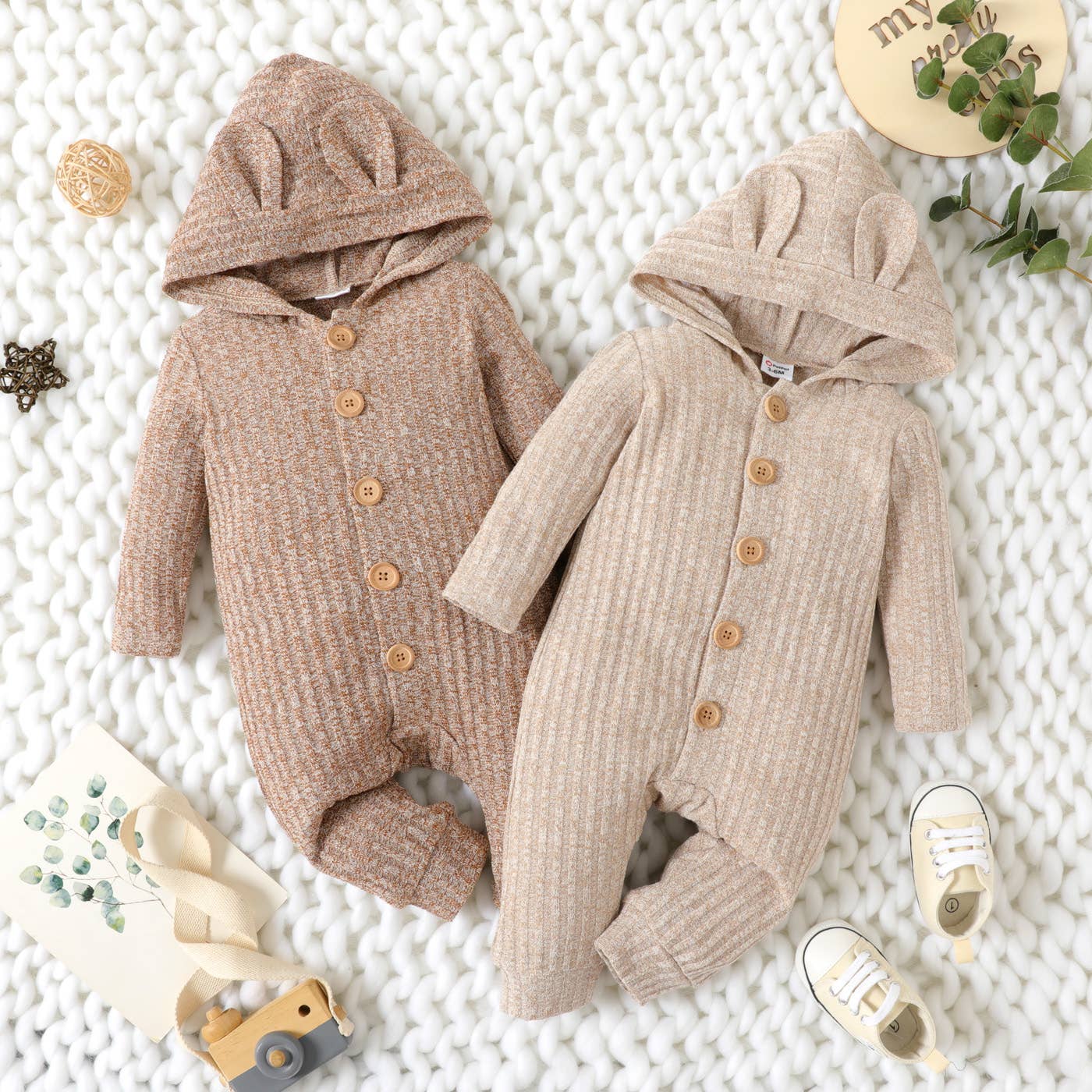 Baby Boy Heathered 3D Ears Hooded Button Down Jumpsuit