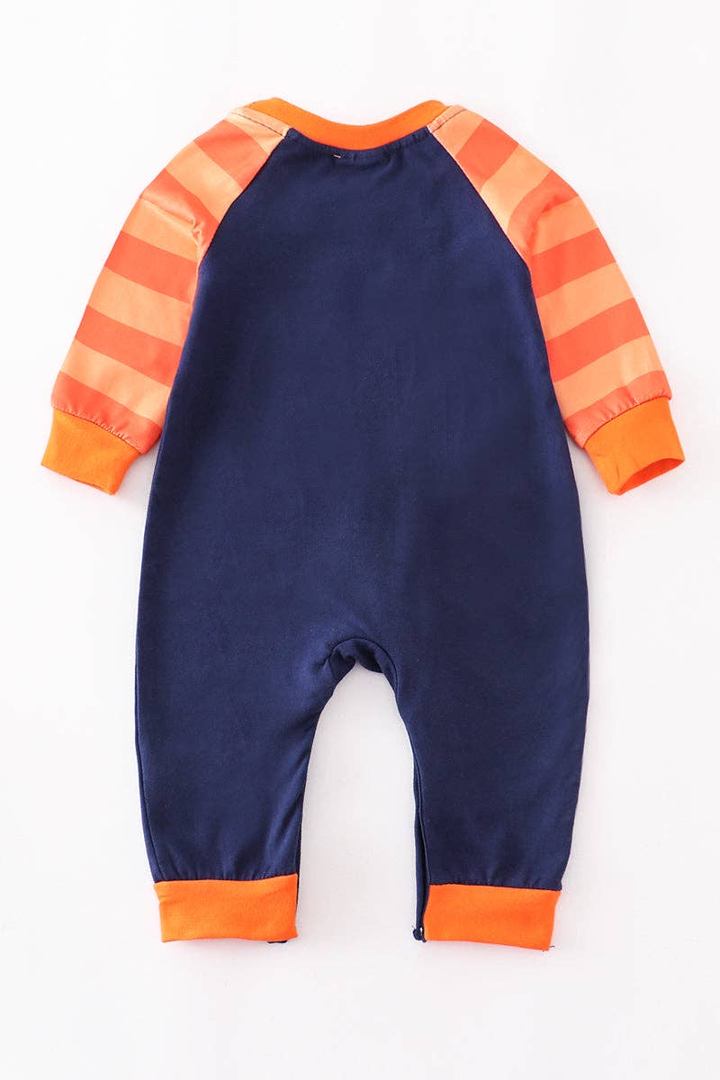 Navy pumpkin applique ruffle romper