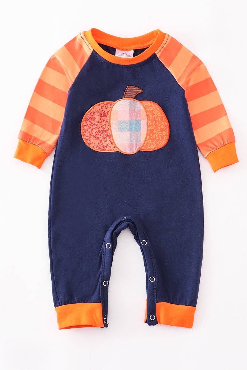 Navy pumpkin applique ruffle romper