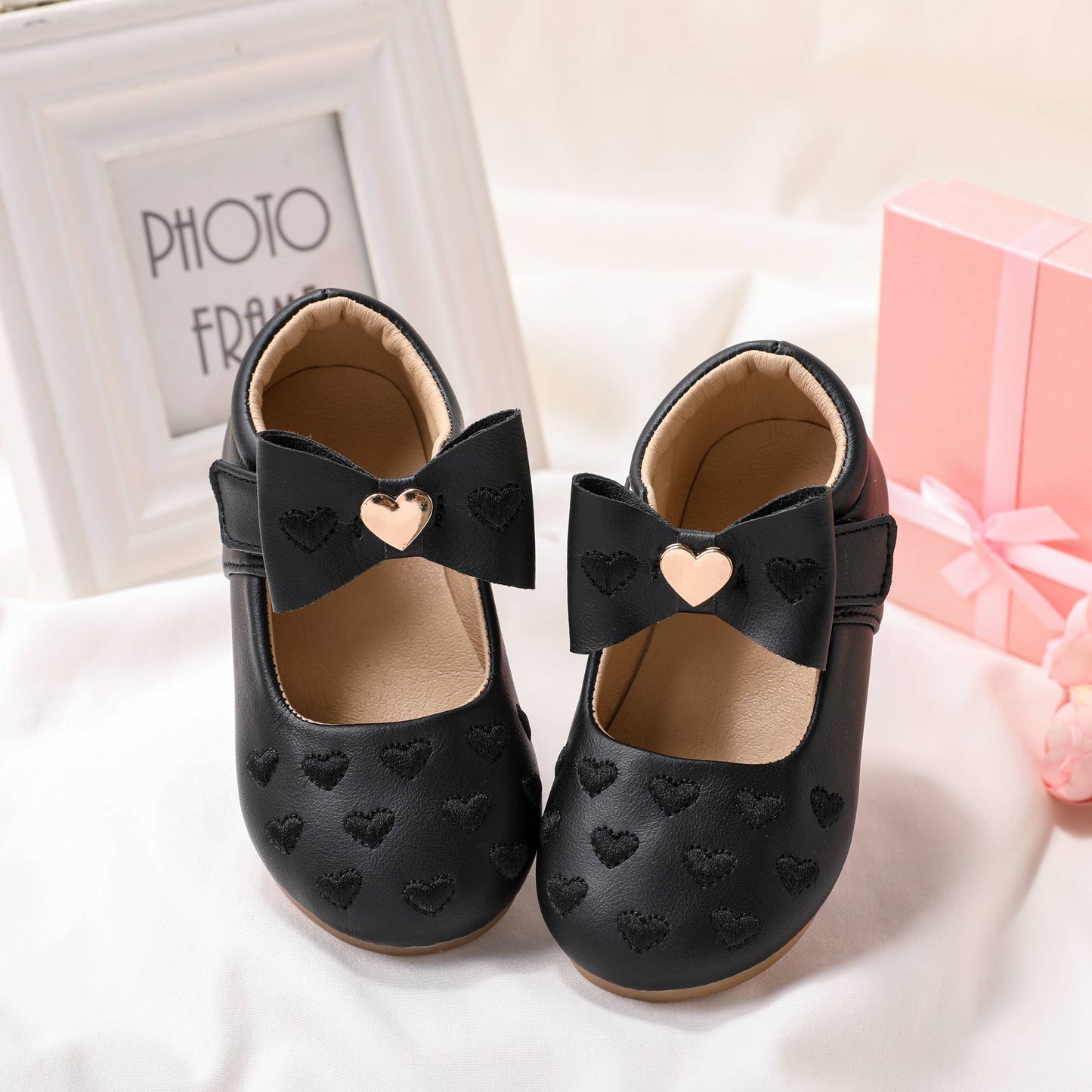 Toddler/Kids Girl Heart-shaped Embroidered Bow Leather Shoes