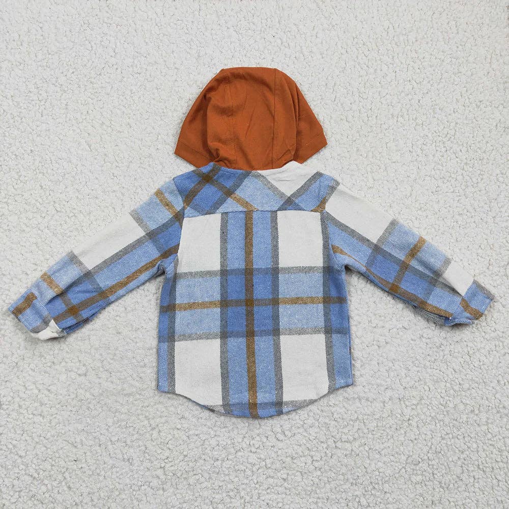 Baby kids Boys Blue plaid hoodie pocket Flannel shirts Tops