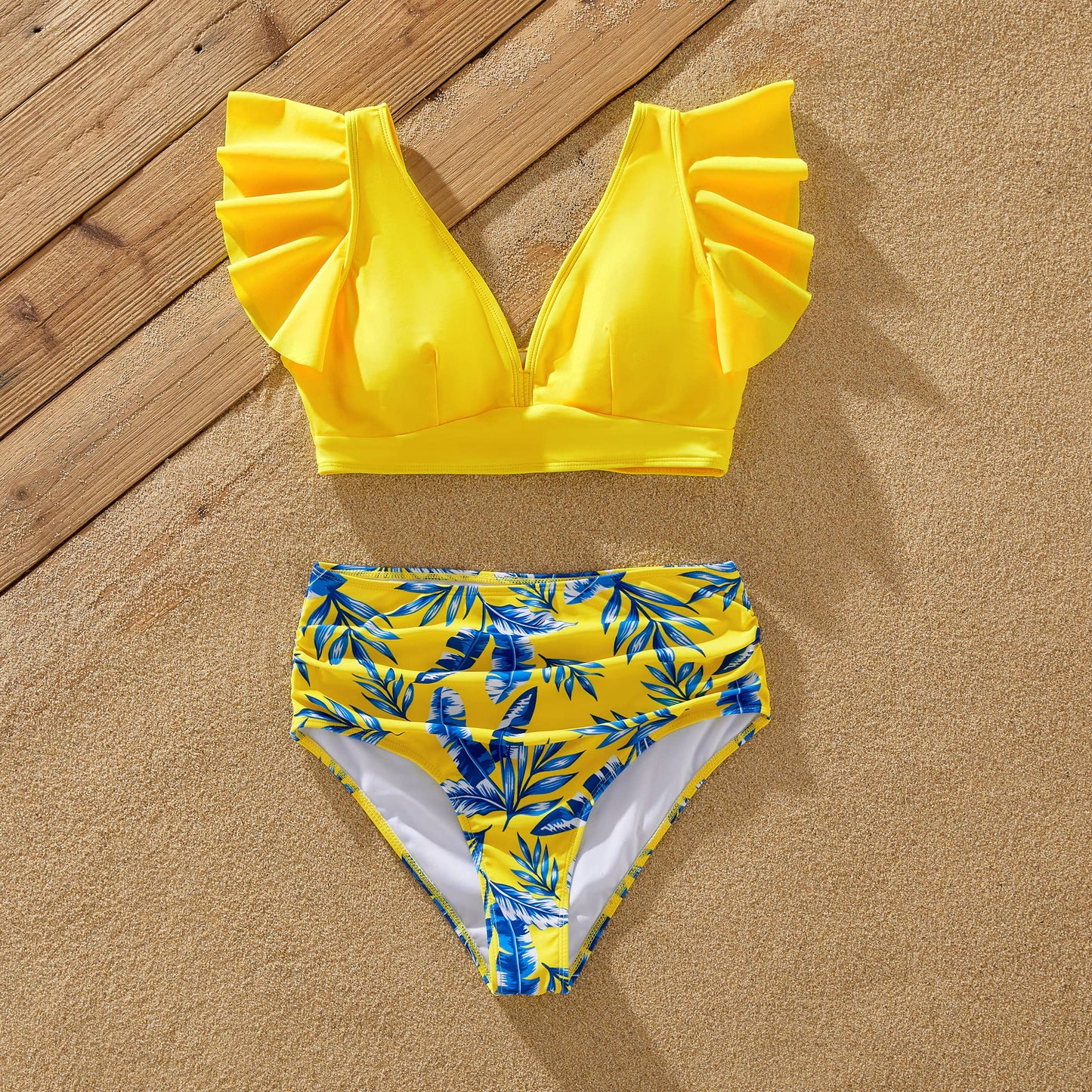 Family Matching Yellow Leaf Swim Trunks or Ruched Bikini