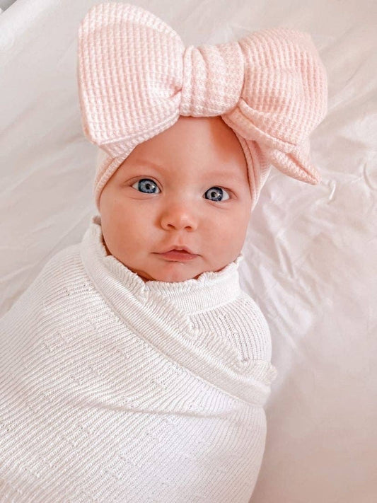 CHUNKY WAFFLE BOW HEADBAND - BABY PINK