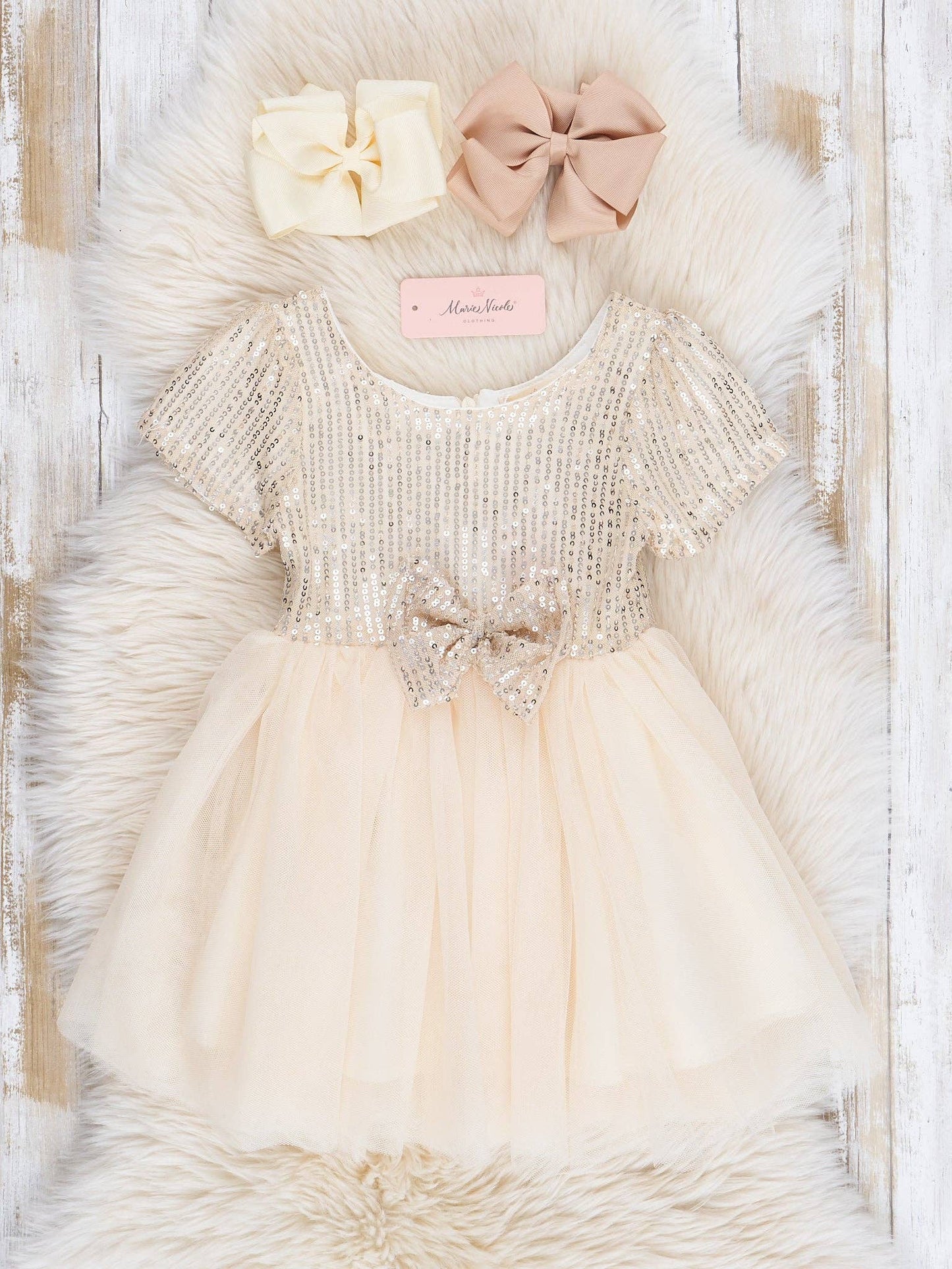 Champagne Tulle Sequin Bow Dress