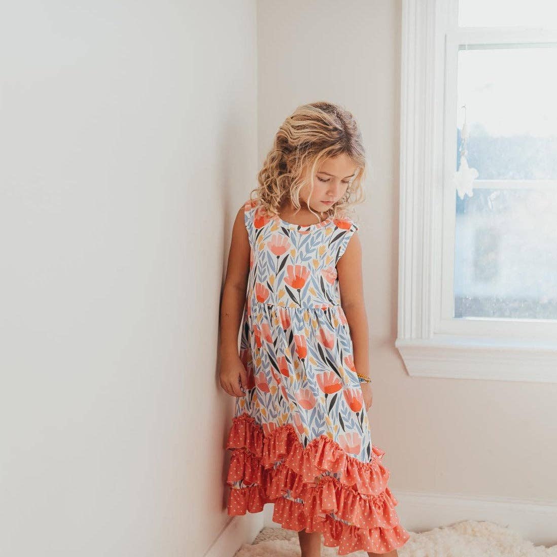 Kids Peach Dot Floral 3 Ruffle Summer Dress