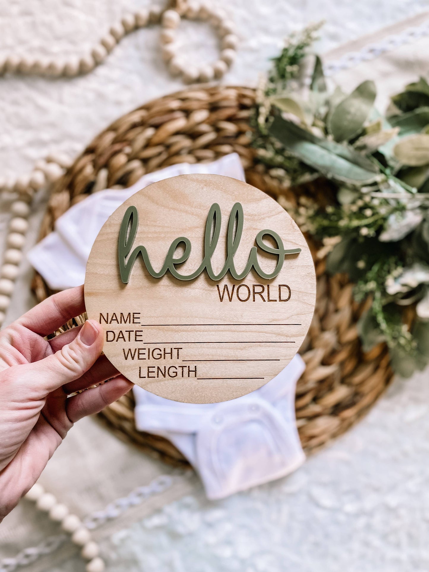 Hello World Birth Stat Announcement Wood Disc - Layered 3D