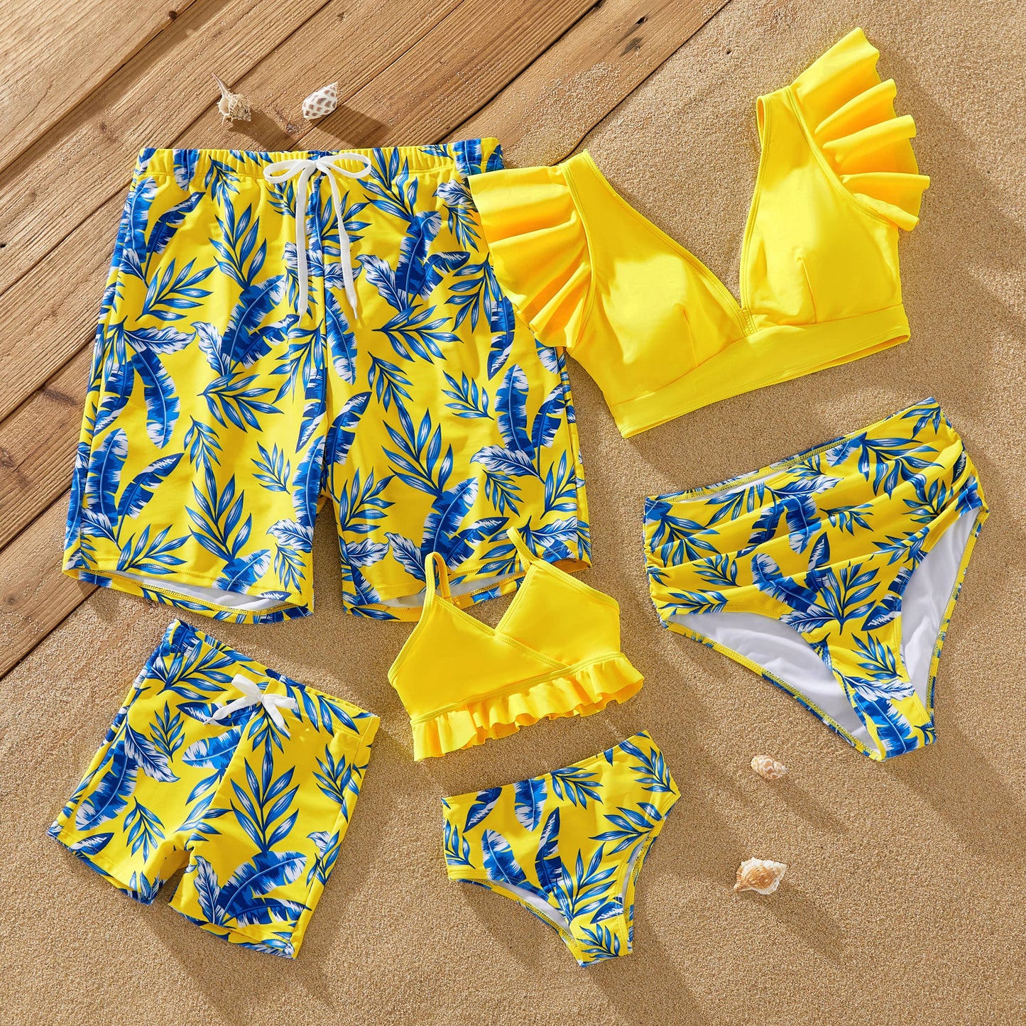 Family Matching Yellow Leaf Swim Trunks or Ruched Bikini