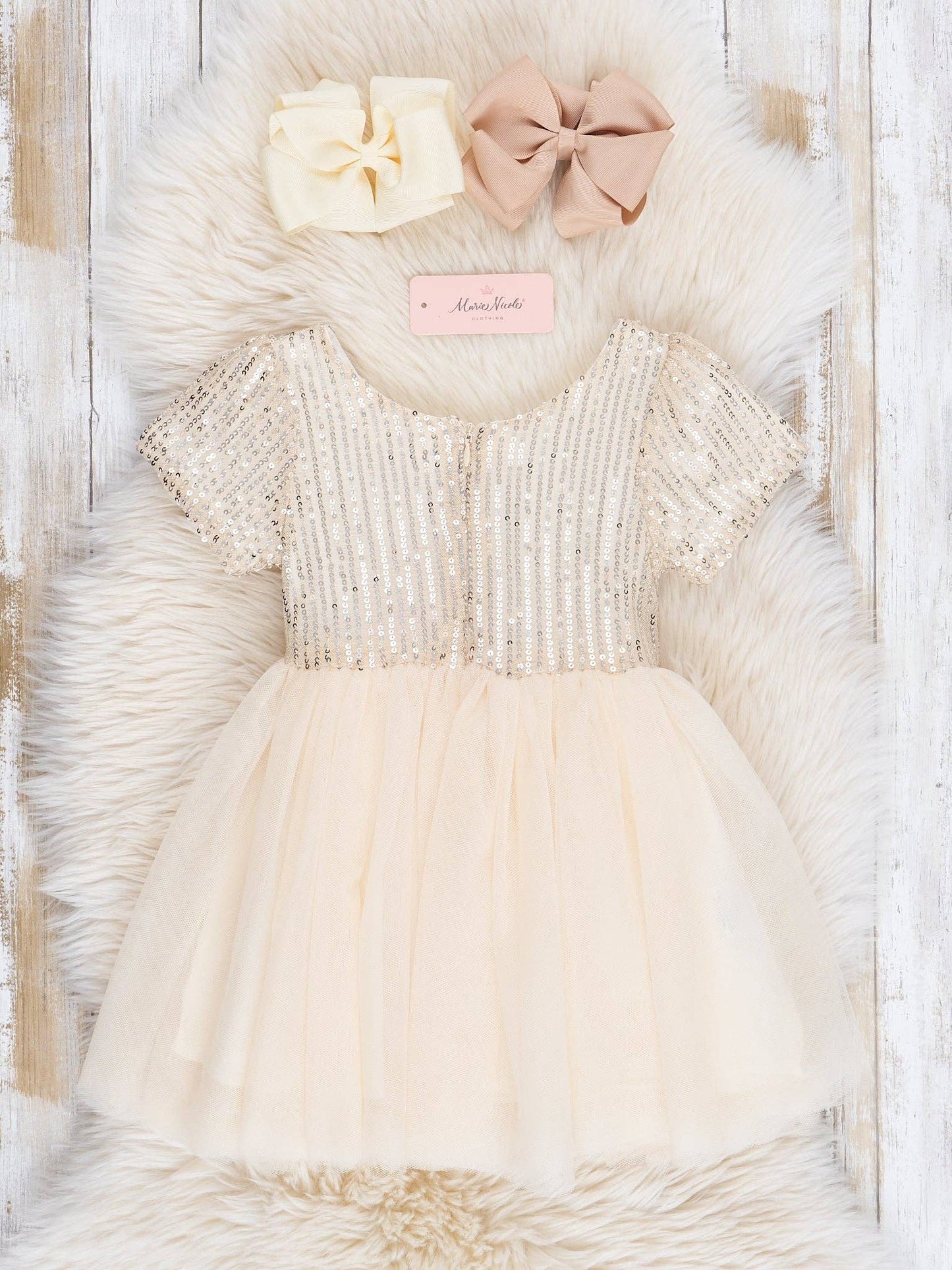 Champagne Tulle Sequin Bow Dress