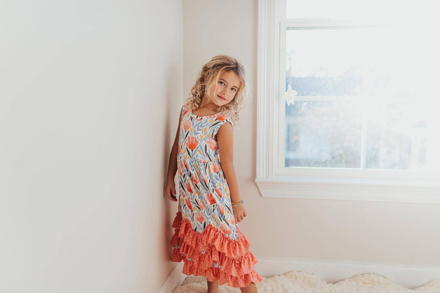 Kids Peach Dot Floral 3 Ruffle Summer Dress