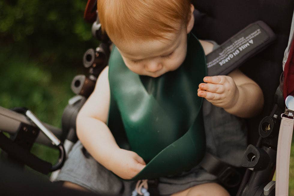 Forest Green Print Silicone Bib with Crumb Catcher