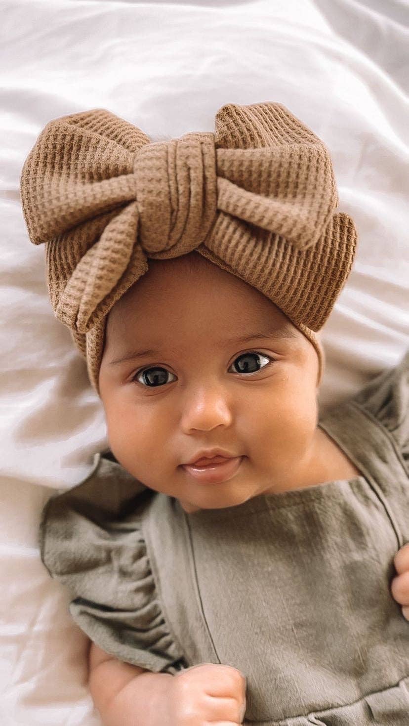 CHUNKY WAFFLE BOW HEADBAND - TAN