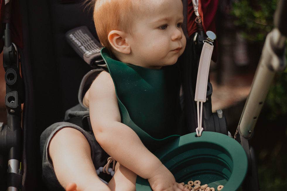 Forest Green Print Silicone Bib with Crumb Catcher