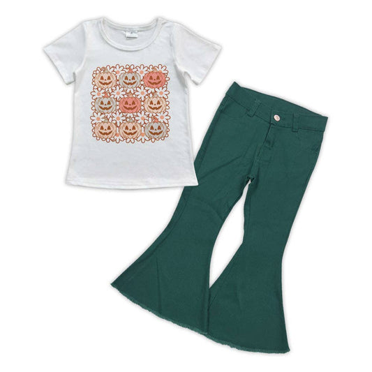 Baby Girls Pumpkin Flowers Shirt Top Green Bell Denim Pants