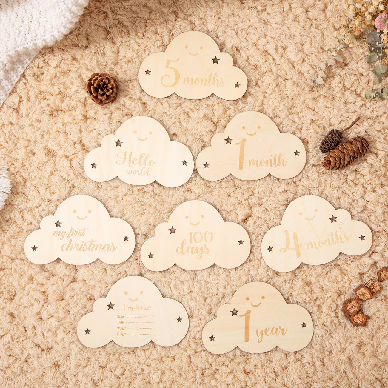 8pcs Wooden Cloud Milestone Photography Props Set