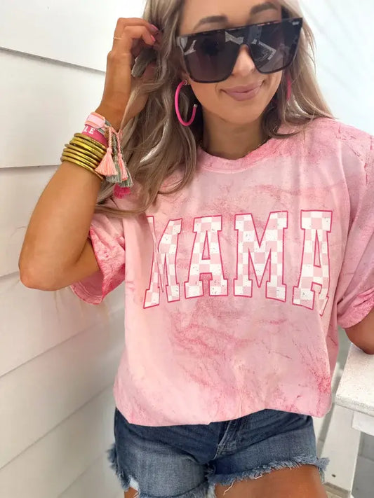 Mama Checkered Pink Hibiscus Colorblast Graphic Tee