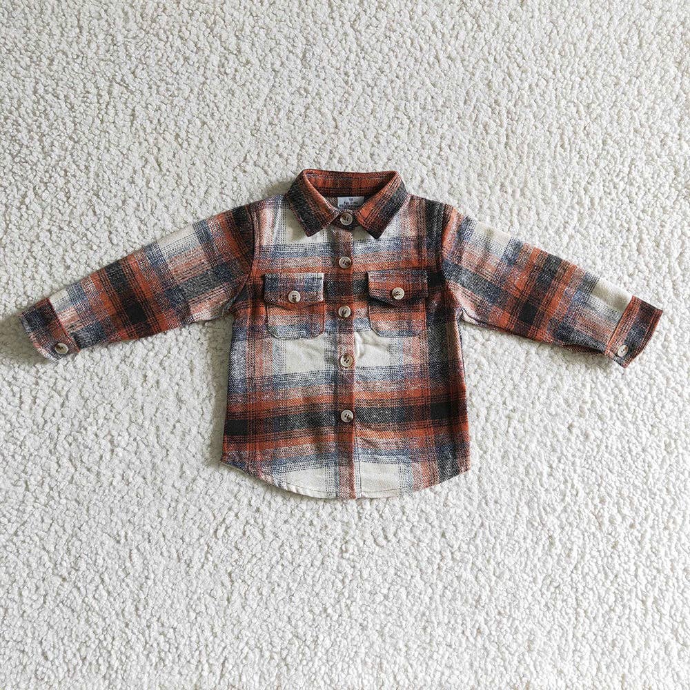 Baby Boys Orange Plaid Long Sleeve button ups Flannel shirts tops