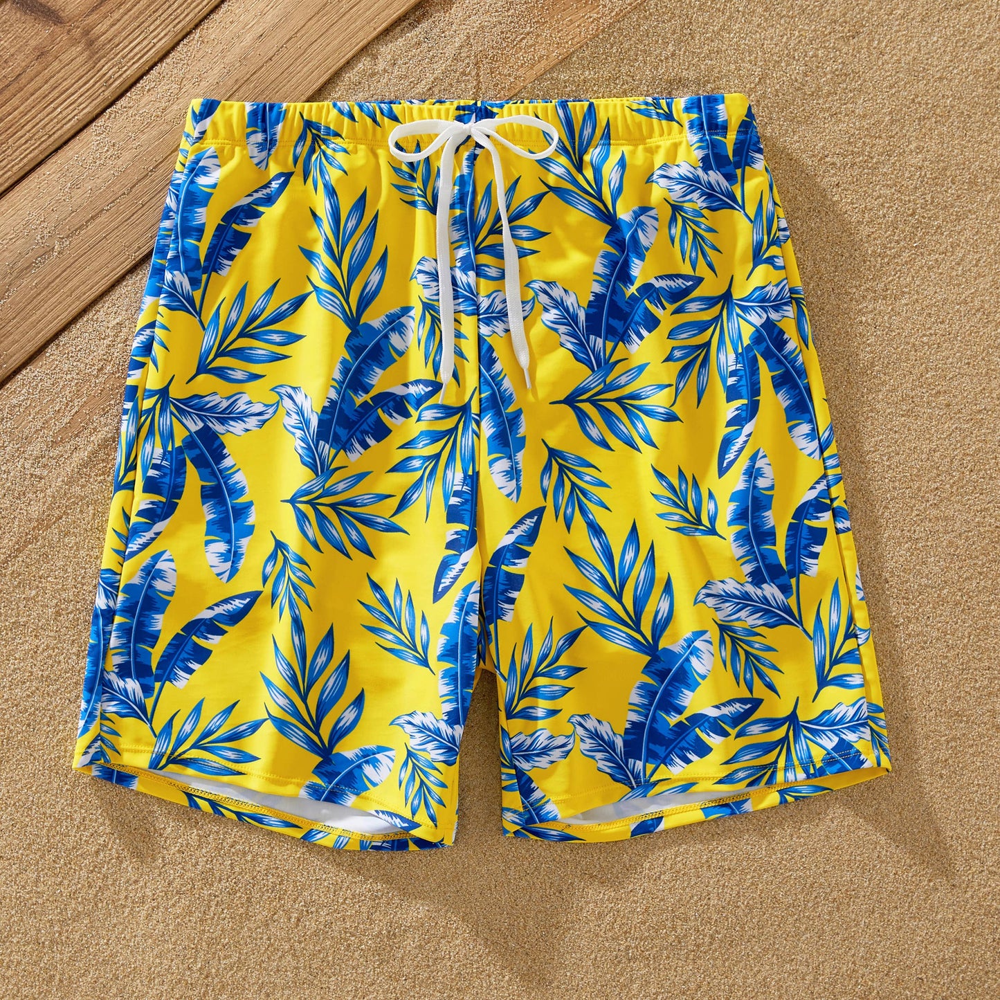 Family Matching Yellow Leaf Swim Trunks or Ruched Bikini