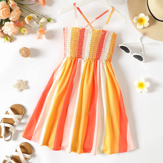 Kid Girl Colorblock Stripe Smocked Slip Dress