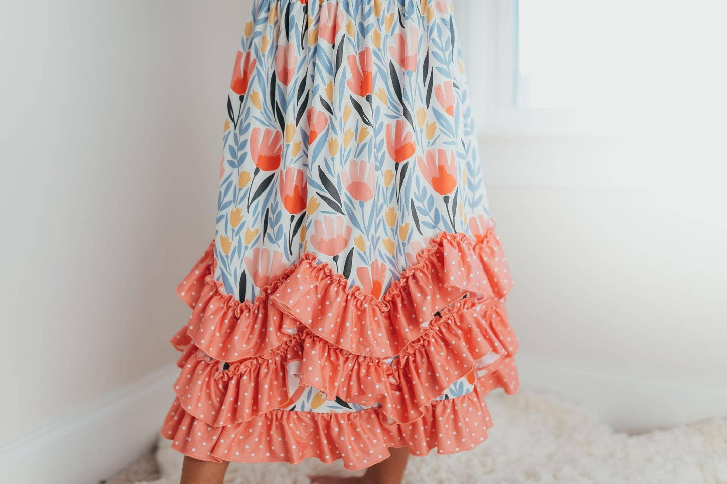 Kids Peach Dot Floral 3 Ruffle Summer Dress