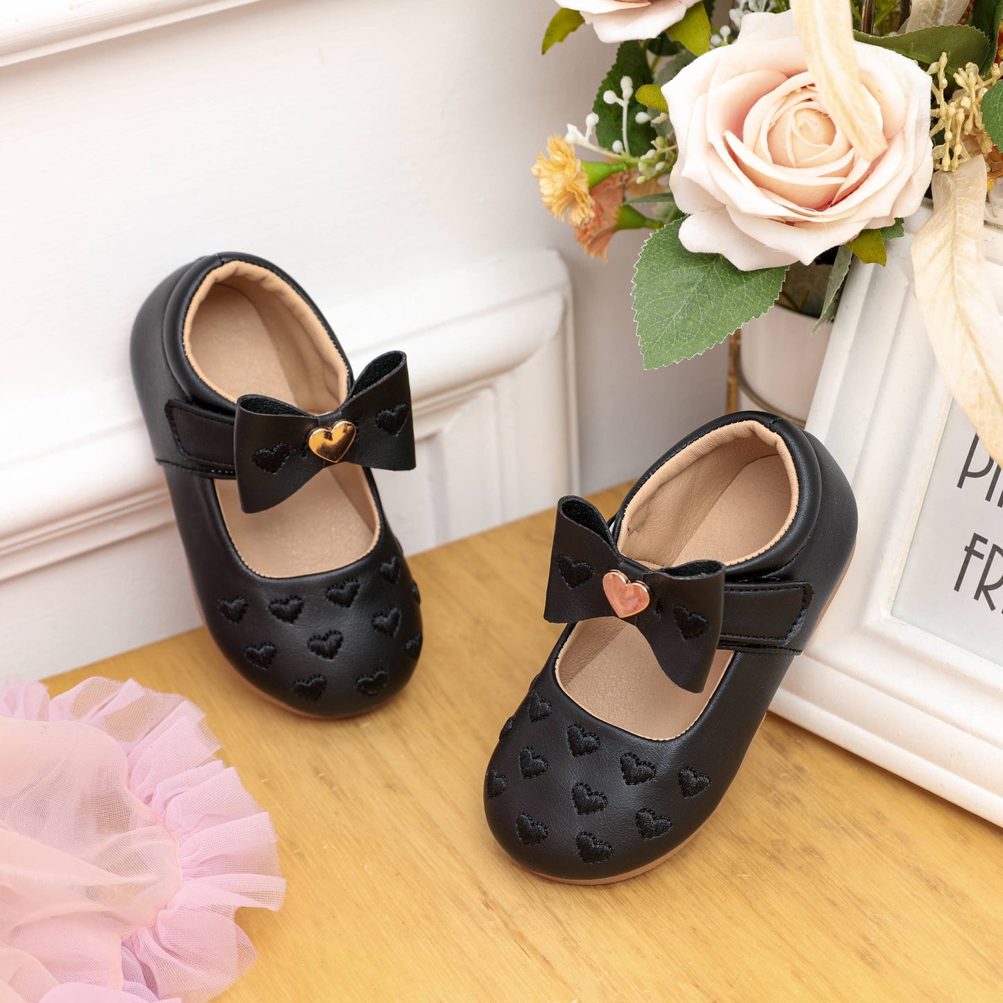 Toddler/Kids Girl Heart-shaped Embroidered Bow Leather Shoes