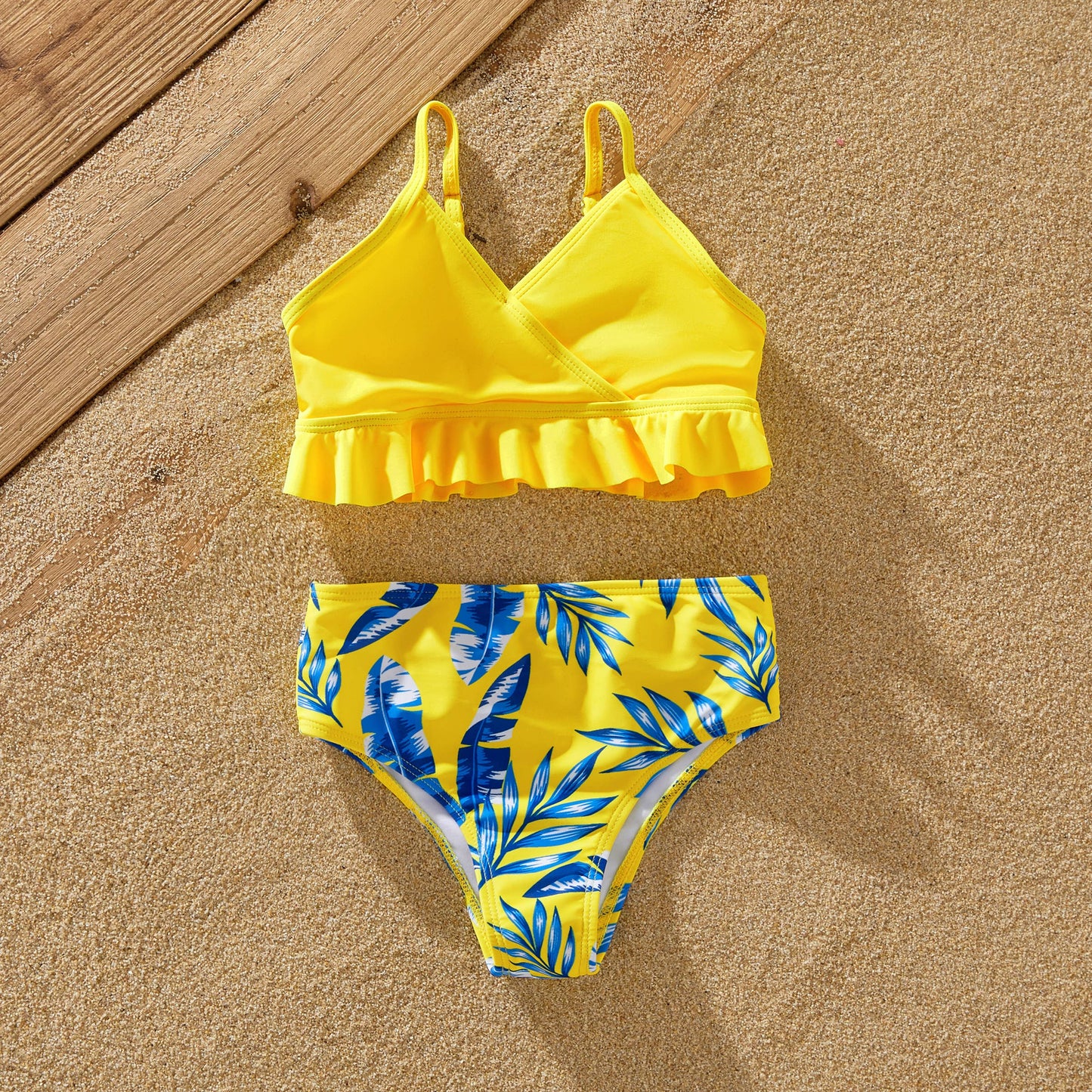 Family Matching Yellow Leaf Swim Trunks or Ruched Bikini