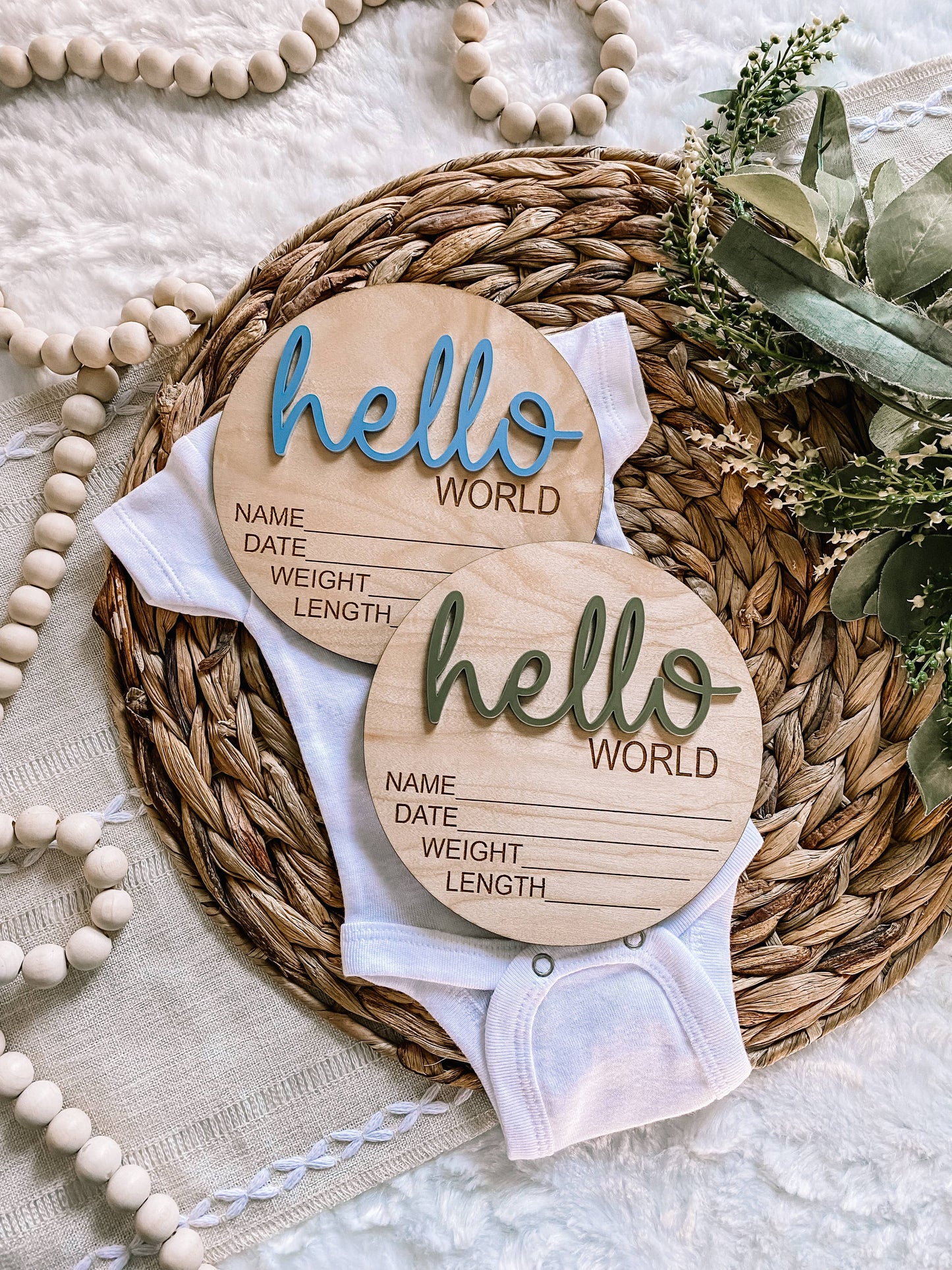 Hello World Birth Stat Announcement Wood Disc - Layered 3D