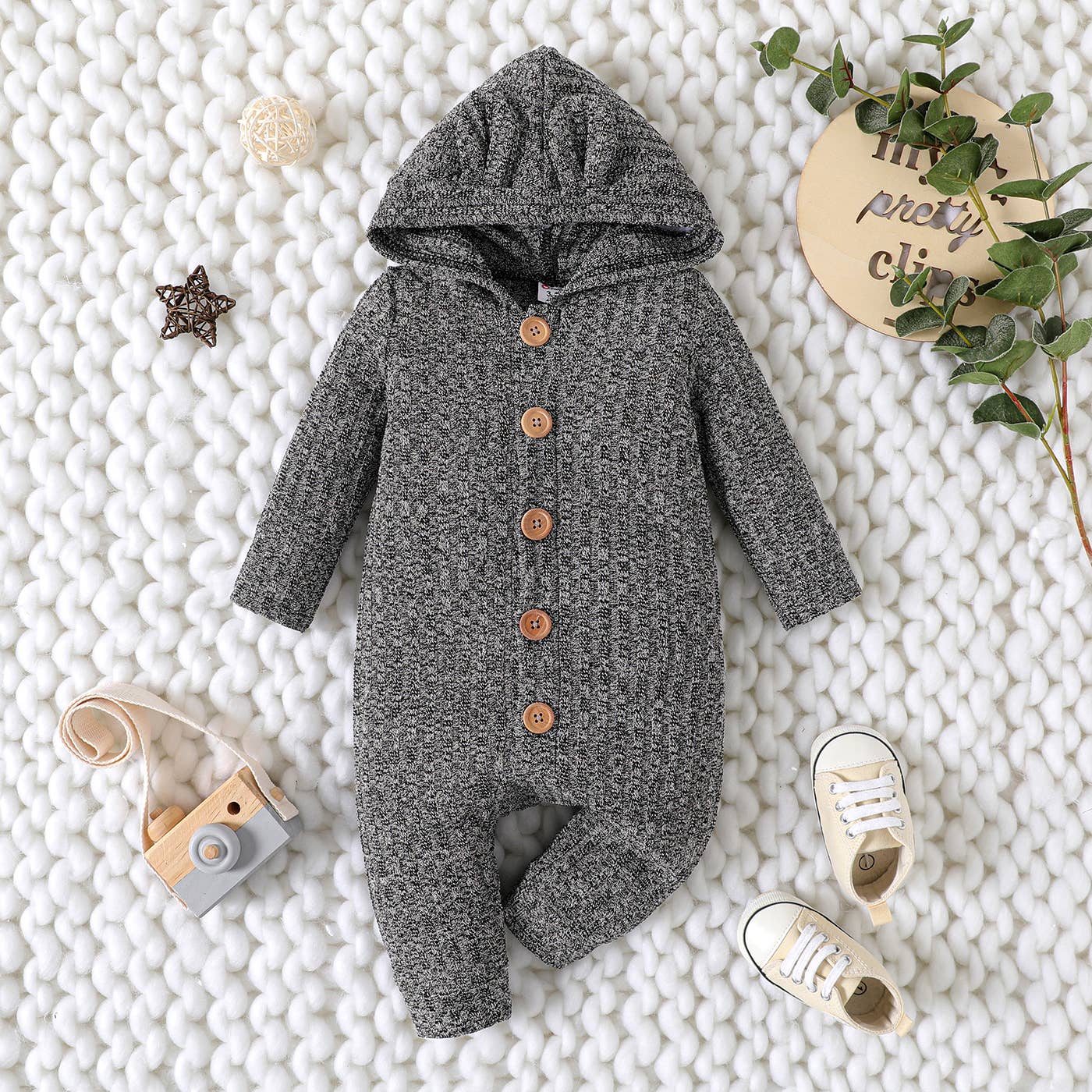 Baby Boy Heathered 3D Ears Hooded Button Down Jumpsuit