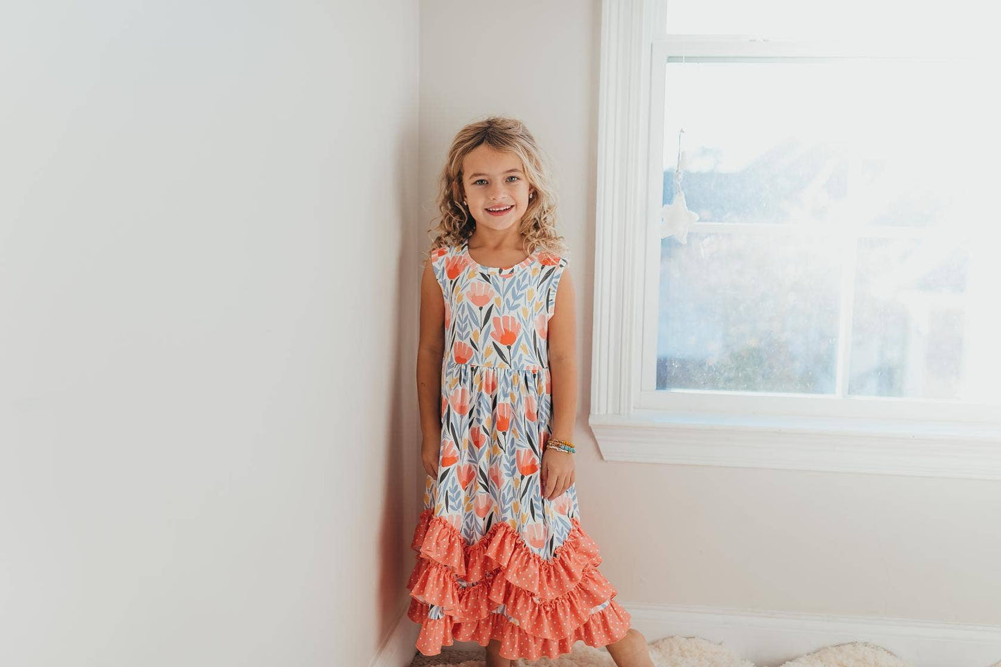 Kids Peach Dot Floral 3 Ruffle Summer Dress