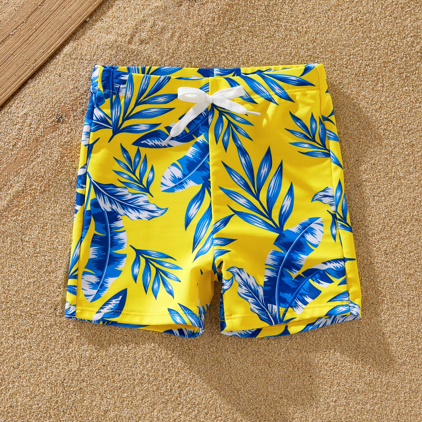 Family Matching Yellow Leaf Swim Trunks or Ruched Bikini